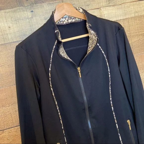 Black Zip-Up Athletic Jacket w/Leopard Trim by NEIMAN MARCUS - Picture 6 of 15